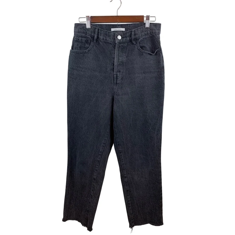 PacSun High Rise Straight Leg Jeans Womens 28 Black Frayed Hem Button Fly Denim‎